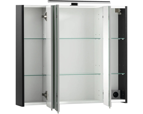 Armoire de toilette ouverte avec trois portes et étagères en verre pour le rangement dans la salle de bains