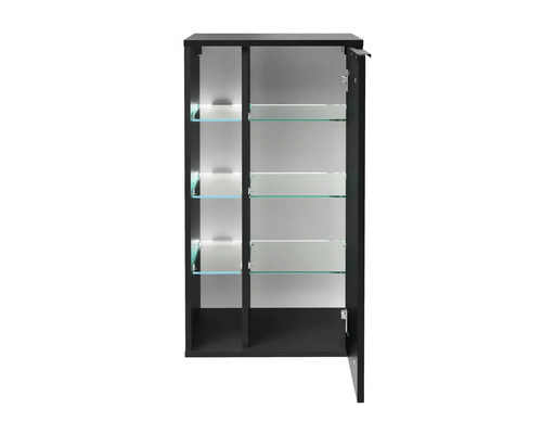 Offener schwarzer Spiegelschrank mit Glasablagen