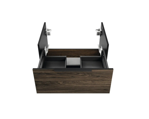 Meuble sous-lavabo avec tiroirs ouverts et aspect bois