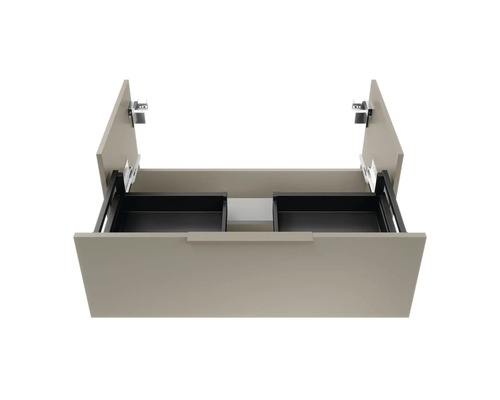 Meuble sous-lavabo avec tiroirs et portes ouvertes