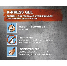 Informationen zu X-Press Gel Klebstoff: ideal für vertikale Verklebungen und poröse Oberflächen, klebt in Sekunden, tropffrei und lösemittelfrei.