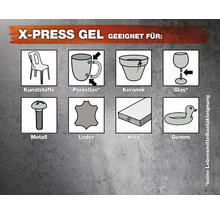 Anwendungsbereiche für X-Press Gel: Kunststoffe, Porzellan, Keramik, Glas, Metall, Leder, Holz, Gummi. Nicht für den Kontakt mit Lebensmitteln geeignet.