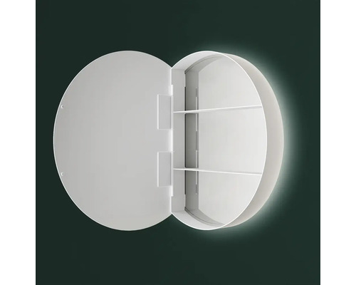 Armoire de toilette ronde avec porte ouverte et étagères intérieures