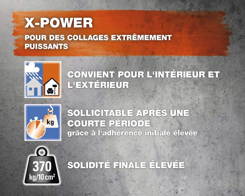 Propriétés de la colle X-Power: convient pour l''intérieur et l''extérieur, peut être chargée après une courte période, résistance finale élevée