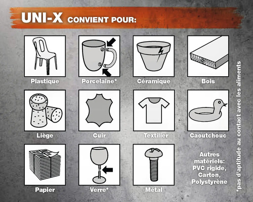 UNI-X convient pour : plastique, porcelaine, céramique, bois, liège, cuir, textile, caoutchouc, papier, verre, métal, autres matériaux : PVC rigide, carton, polystyrène. Ne convient pas au contact avec les aliments.