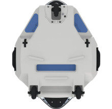 Vue de dessous d''un appareil avec roulettes et poignées.