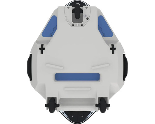 Vue de dessous d''un appareil avec roulettes et poignées.