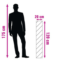 Abmessungen einer Wandverkleidung mit einer Höhe von 120 Zentimeter und einer Breite von 20 Zentimeter im Vergleich zu einer Person mit einer Körpergröße von 175 Zentimeter.