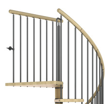 Vue détaillée d''un escalier en colimaçon avec marches en bois et garde-corps en métal