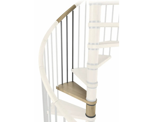 Detail einer Wendeltreppe mit Stufen, Geländer und Pfosten