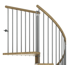 Détail d''un escalier en colimaçon avec marches en bois et balustrade en acier inoxydable