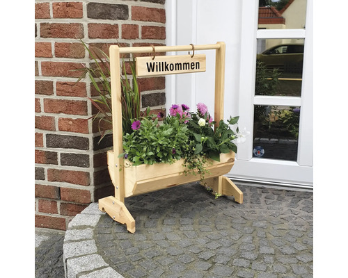 Holzblumenkasten mit Willkommensschild für den Aussenbereich