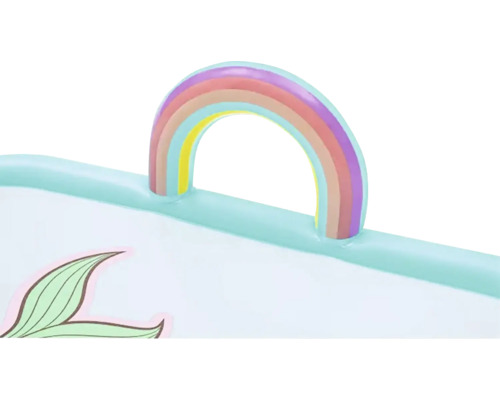 Detailansicht eines Tabletts mit Regenbogenmotiv und Blattmuster