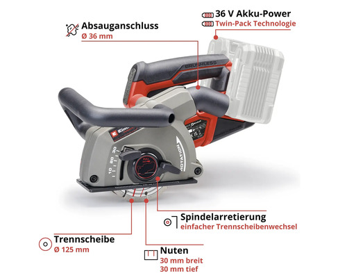 Einhell Akku Mauernutfräse mit 36 Volt Akku-Power, Twin-Pack Technologie, Absauganschluss 36 mm, Trennscheibe 125 mm, Nuten 30 mm breit und 30 mm tief sowie Spindelarretierung für einfachen Trennscheibenwechsel.