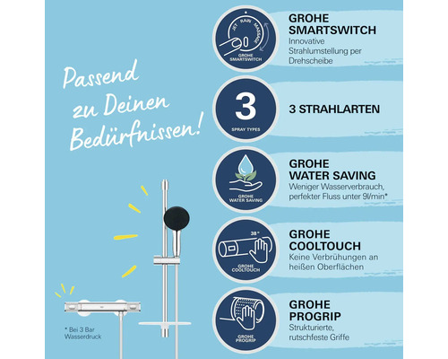 Grohe Duschsystem mit SmartSwitch Funktion, drei Strahlarten, Wassersparfunktion, CoolTouch Technologie und ProGrip Griffen