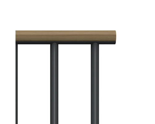 Detailansicht eines Geländers mit Holzhandlauf und Metallstäben