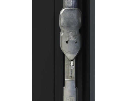 Logo AUBI sur une quincaillerie de fenêtre