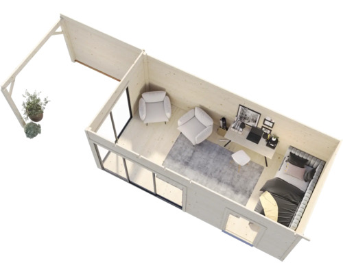 Holzgartenhaus mit Terrasse, Fenstern, Sesseln, Schreibtisch und Bett aus der Vogelperspektive