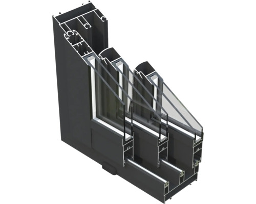 Querschnitt eines Fensters mit Mehrfachverglasung und Rahmen