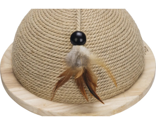 Arbre à chat avec corde en jute et plumes sur socle en bois