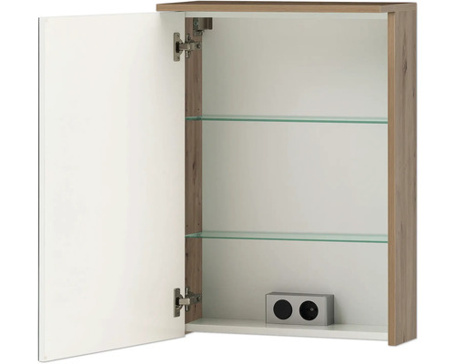 Armoire de toilette ouverte avec deux étagères en verre et élément de prise de courant