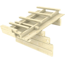 Construction en bois composée de poutres et de planches.
