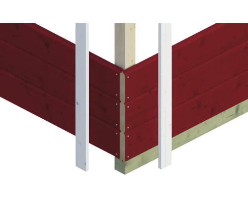Vue détaillée d''une façade en bois rouge avec des raccords d''angle blancs et des poteaux en bois.