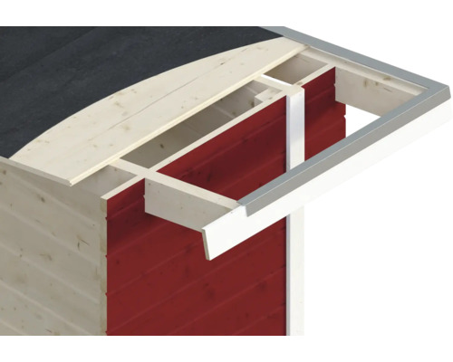 Detailansicht eines Gartenhauses mit Holzwänden und Dachkonstruktion