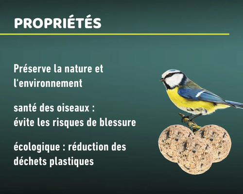 Informations sur les aliments pour oiseaux : protection de la nature, santé des oiseaux, réduction écologique des déchets plastiques.
