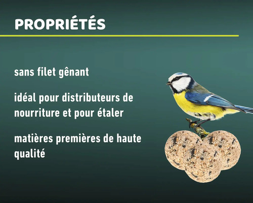Propriétés d''aliments pour oiseaux sans filet gênant, idéal pour les distributeurs d''aliments et à étaler, à partir de matières premières de haute qualité.