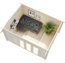Innenansicht eines hellen Gartenhauses mit Sofa, Tisch und Zimmerpflanze