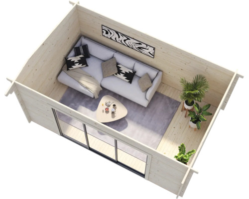 Innenansicht eines hellen Gartenhauses mit Sofa, Tisch, Pflanzen und Fensterfront