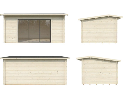 Ansichten eines Holzgartenhauses mit Fenster