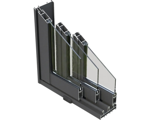 Schnittansicht eines Aluminiumfensters mit Mehrfachverglasung