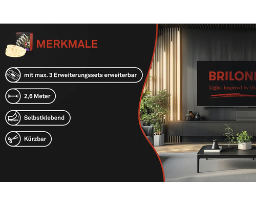 LED Streifen Eigenschaften: bis zu 3 Erweiterungssets möglich, 2,6 Meter, selbstklebend, kürzbar