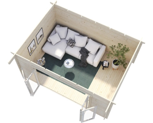 Innenansicht eines Gartenhauses mit Möbeln wie Sofa, Tisch und Pflanze.