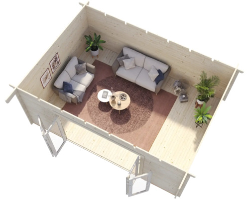 Vue intérieure d''une maison de jardin avec des meubles et des plantes