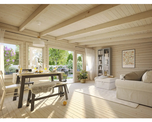 Salon lumineux avec murs en bois, table à manger et coin salon