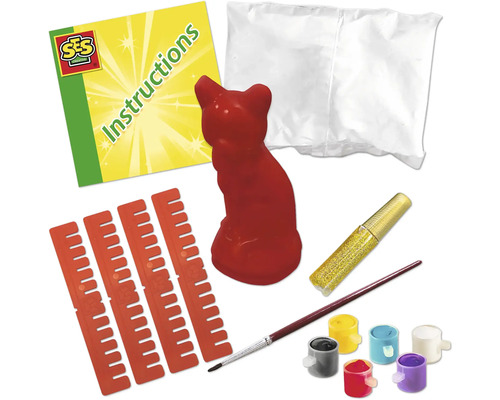 Kit créatif pour mouler et peindre une figurine de chat avec instructions, couleurs, pinceau et crayon pailleté.