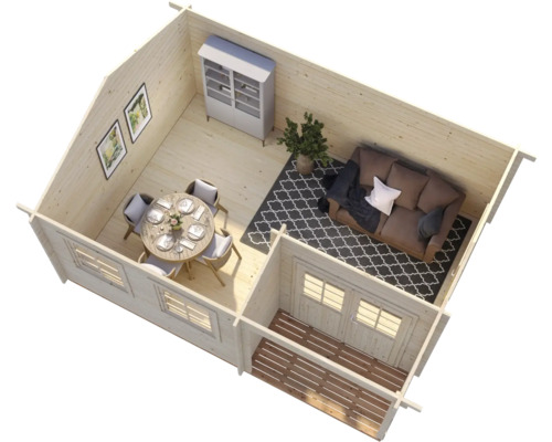 Innenansicht eines Holzhauses mit Möbeln