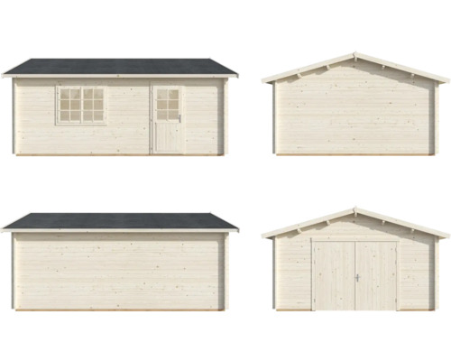 Verschiedene Ansichten eines Gartenhauses aus Holz