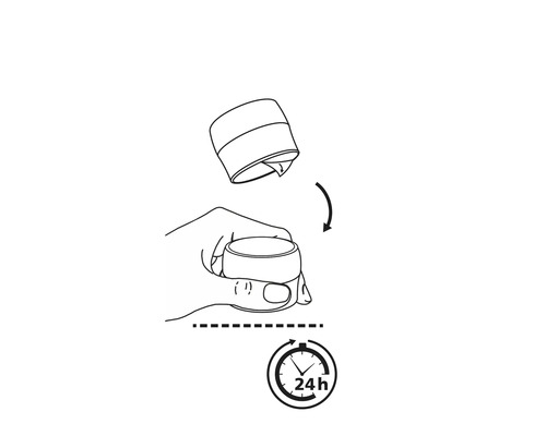 Anwendungshinweis: Deckel abnehmen, auftragen und 24 Stunden einwirken lassen