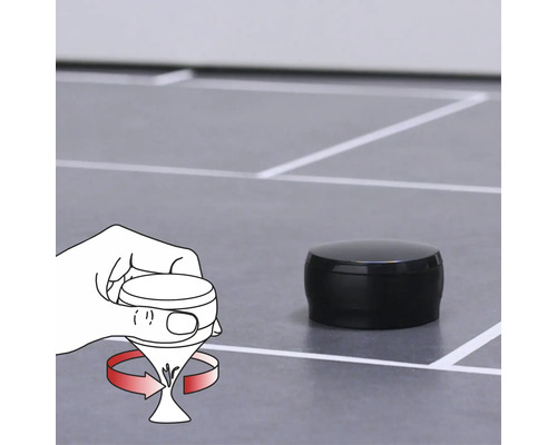 Schwarzer Saugroboter mit schematischer Darstellung zur Bedienung