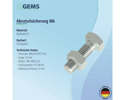 Antichute M6 en acier inoxydable A2 pour toits inclinés