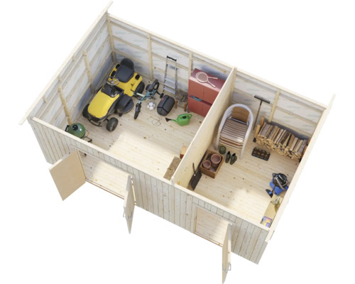 Draufsicht eines Holzgartenhauses mit Gartengeräten, Rasenmäher und Brennholz