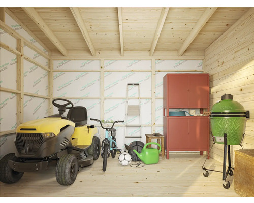 Helle Gartenhütte mit Rasentraktor, Grill, Fahrrad und Gartengeräten