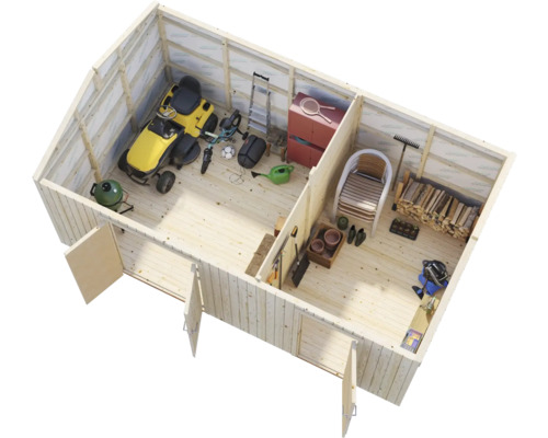 Vue intérieure d''une cabane de jardin avec outils de jardinage et bois