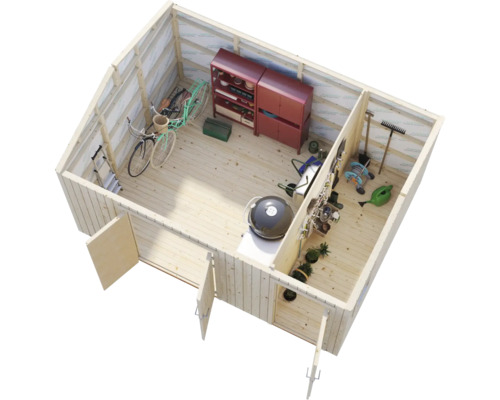 Vue de dessus d''un abri de jardin avec des vélos, des étagères et des outils de jardin.