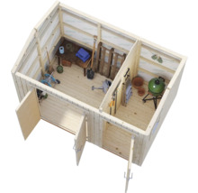 Vue de dessus d''un abri de jardin en bois avec portes ouvertes et outils de jardin