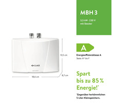Clage MBH 3 Boiler mit den Massen 13,5 x 18,6 x 8,7 cm und Energieeffizienzklasse A